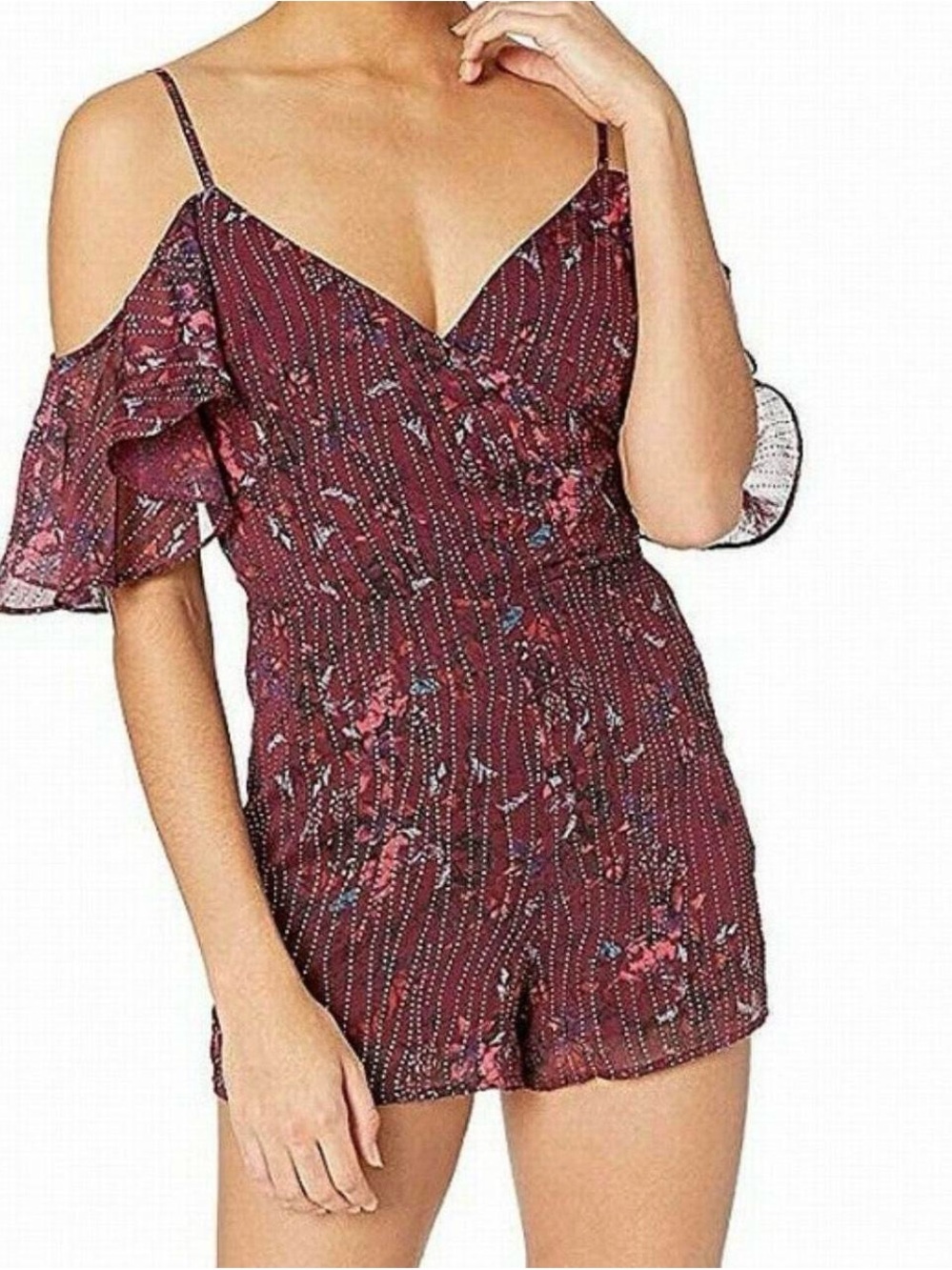 Guess Burgundy Floral Cold-Shoulder Romper